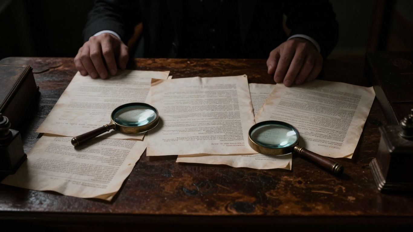Documentos antigos e lupa em mesa de madeira.