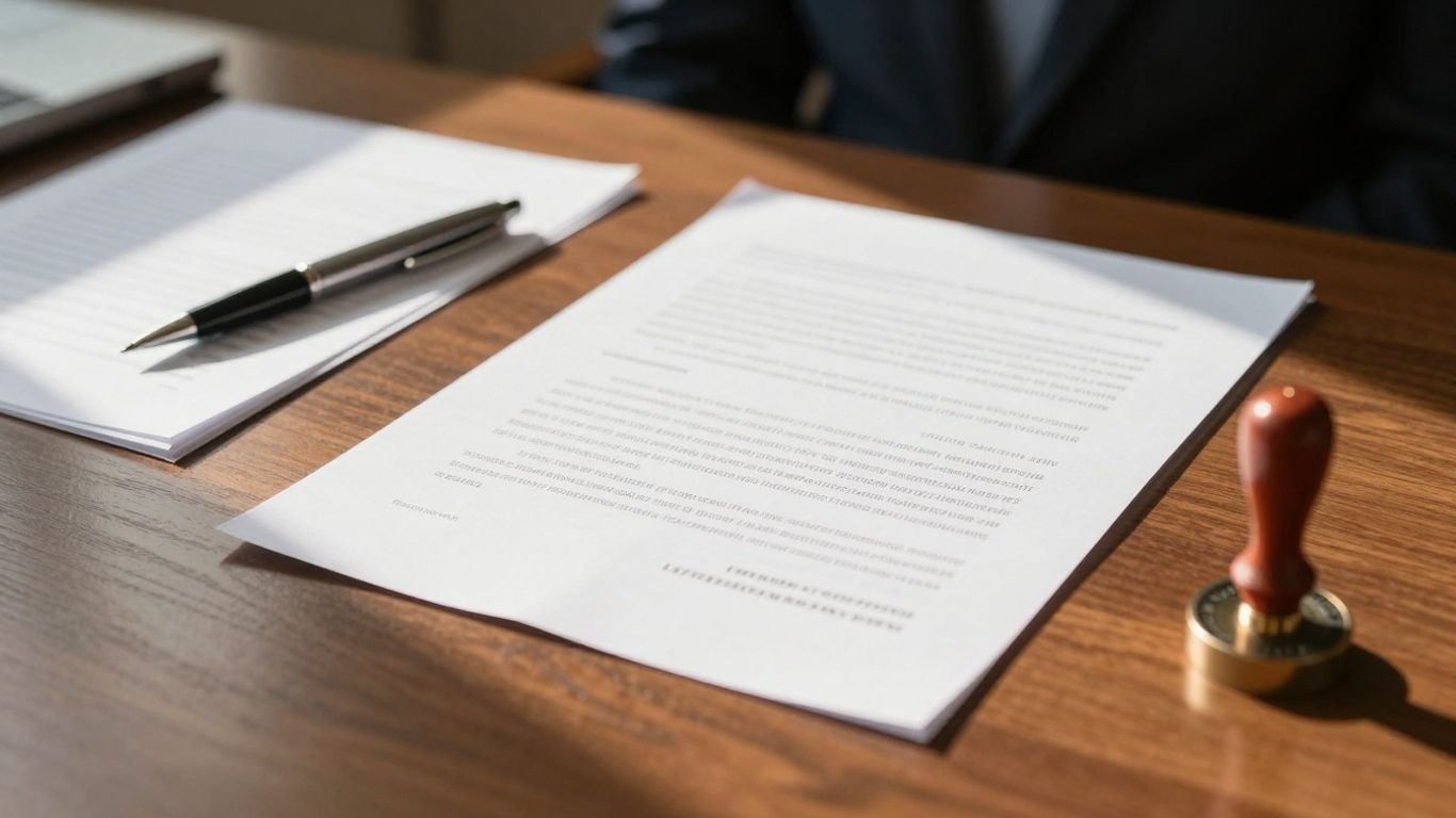Documentos legais e selo de empresa em mesa de notário.